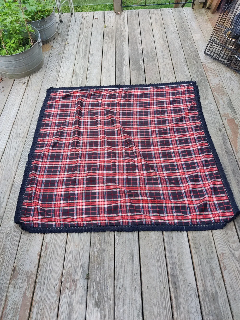 Vintage Plaid Tartan Tablecloth Throw Wool Fringe Square 56x56 Christmas Winter
